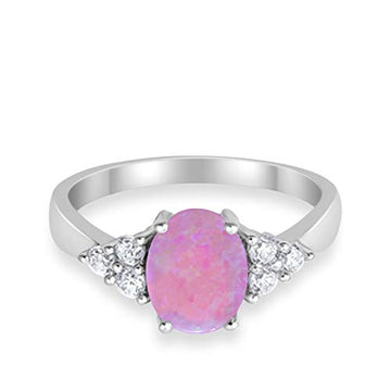 Accent Wedding Ring Oval Lab Created Pink Opal 925 Sterling Silver
